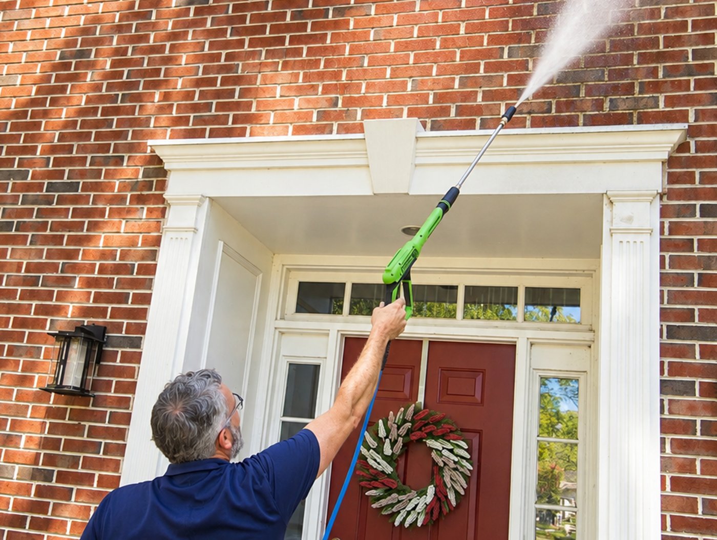 Doylestown, PA power washing a brick house facade and entryway